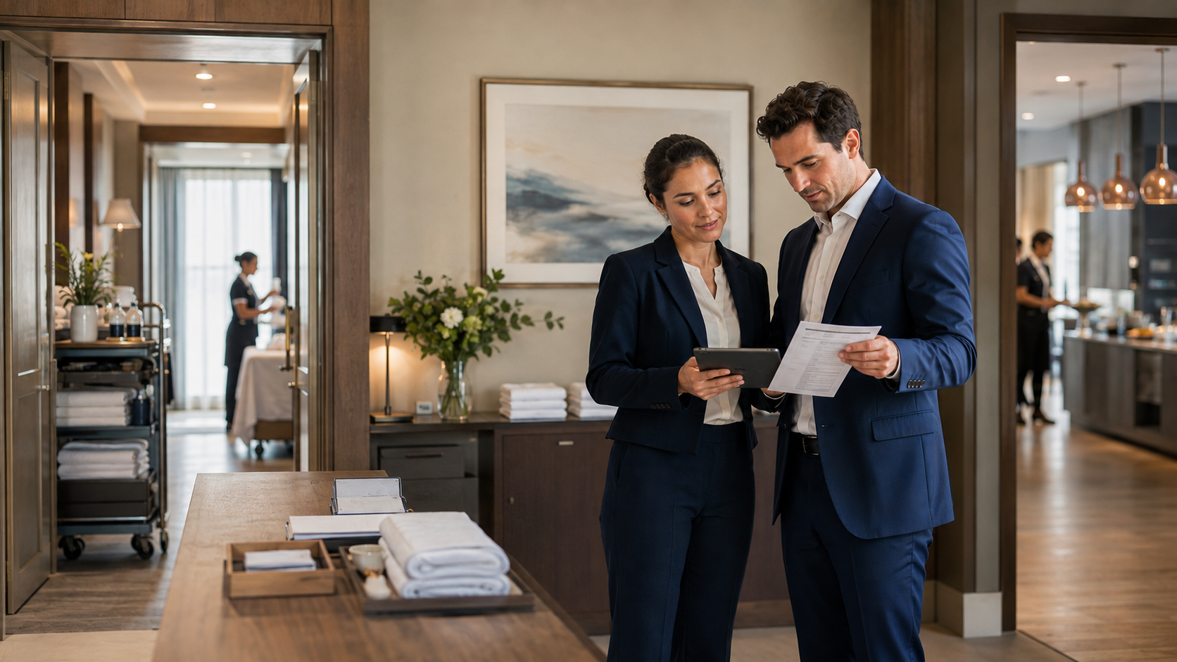 Profesionales coordinando los espacios y el servicio de un establecimiento hotelero